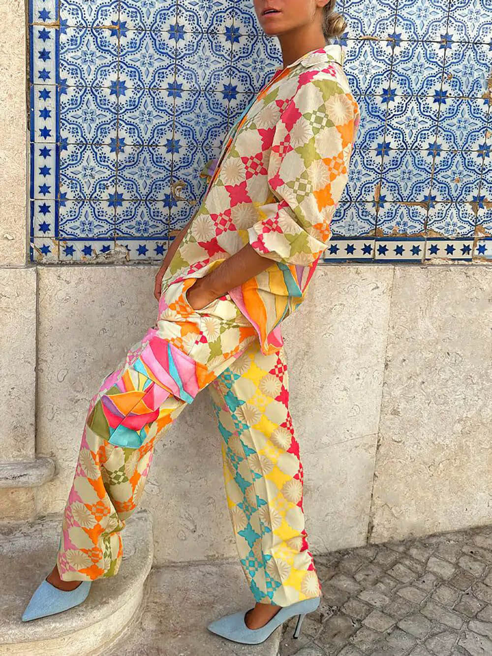 Pantalón de bolsillo elástico con estampado pintado vintage chic