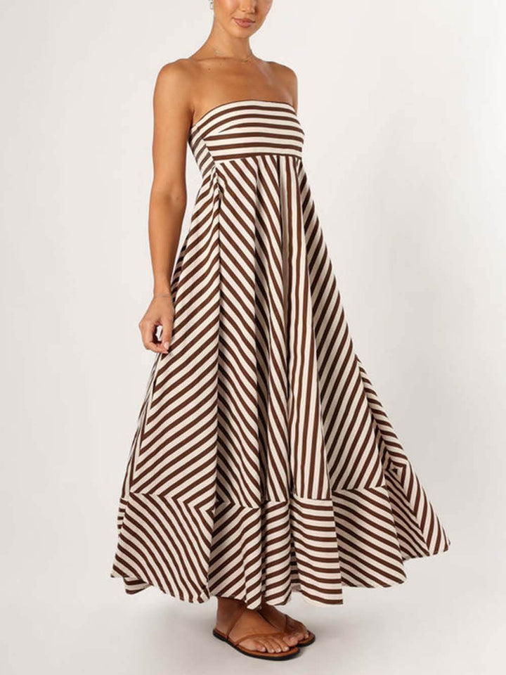 Elegantní Bandeau Stripe Color Blocking bez ramínek Maxi šaty