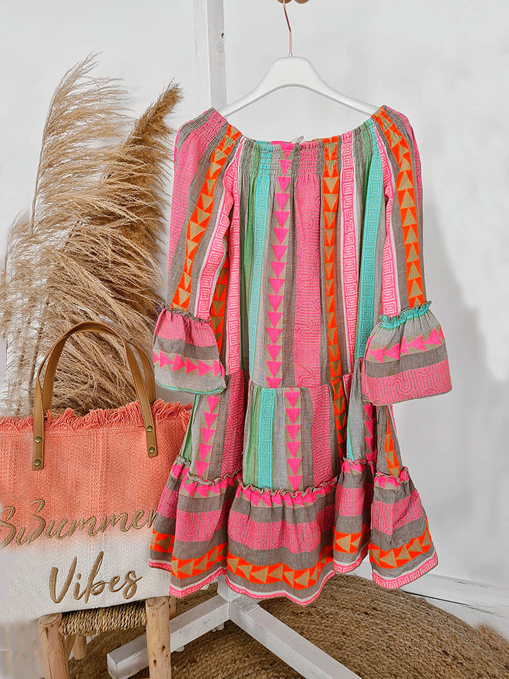 Lin Blend Ethnic Print Off Shoulder Loose Mini Dress