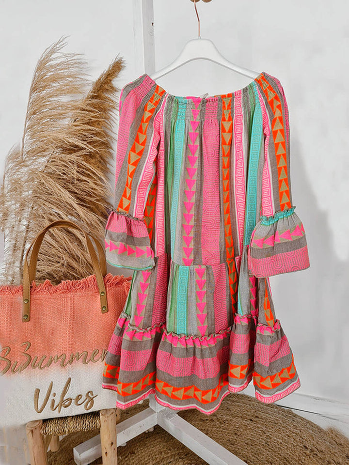 Lin Blend Ethnic Print Off Shoulder Loose Mini Dress