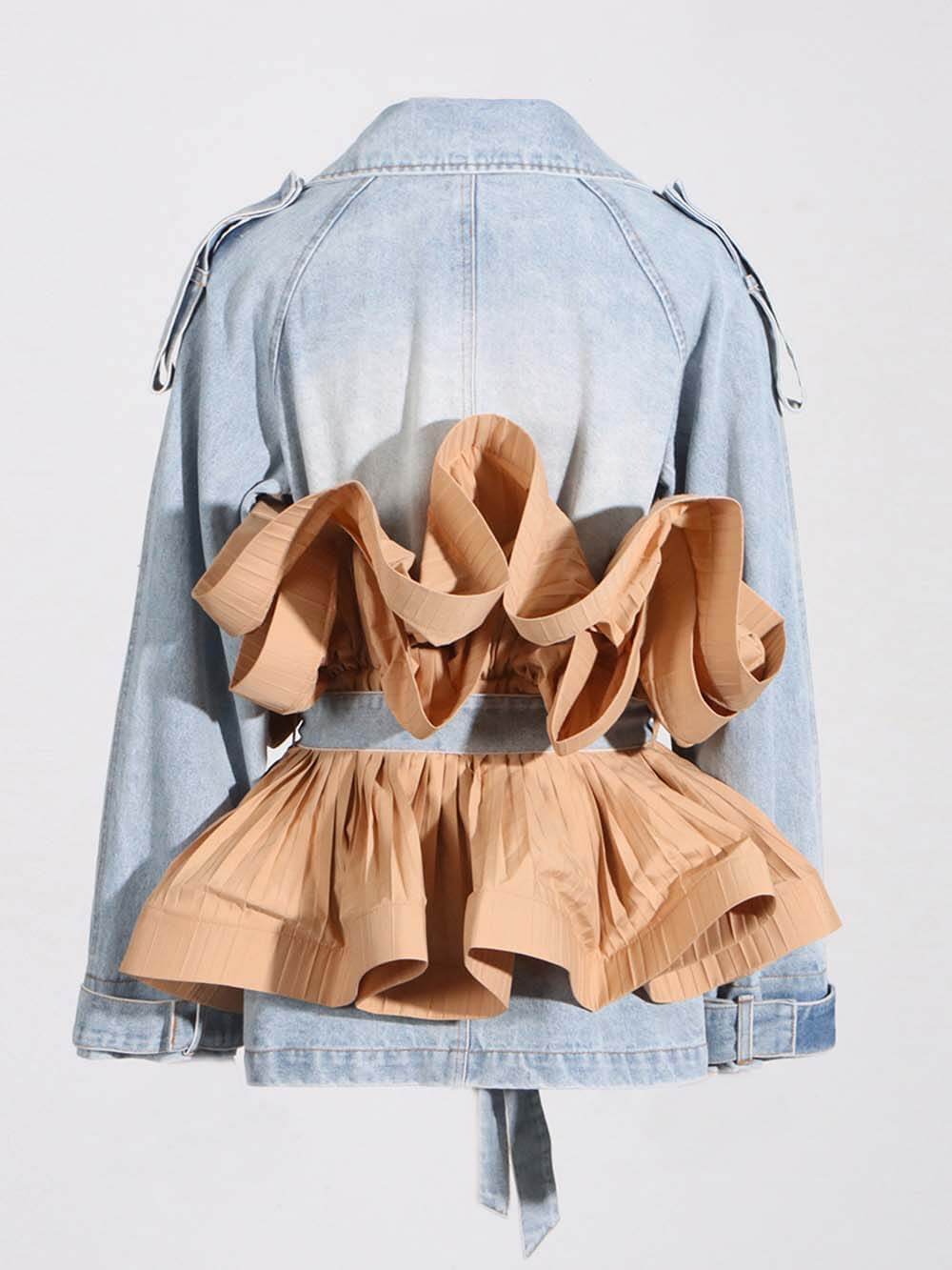 Trendy Contrast Color Ruffled Pleated Lace-Up Denim Jacket