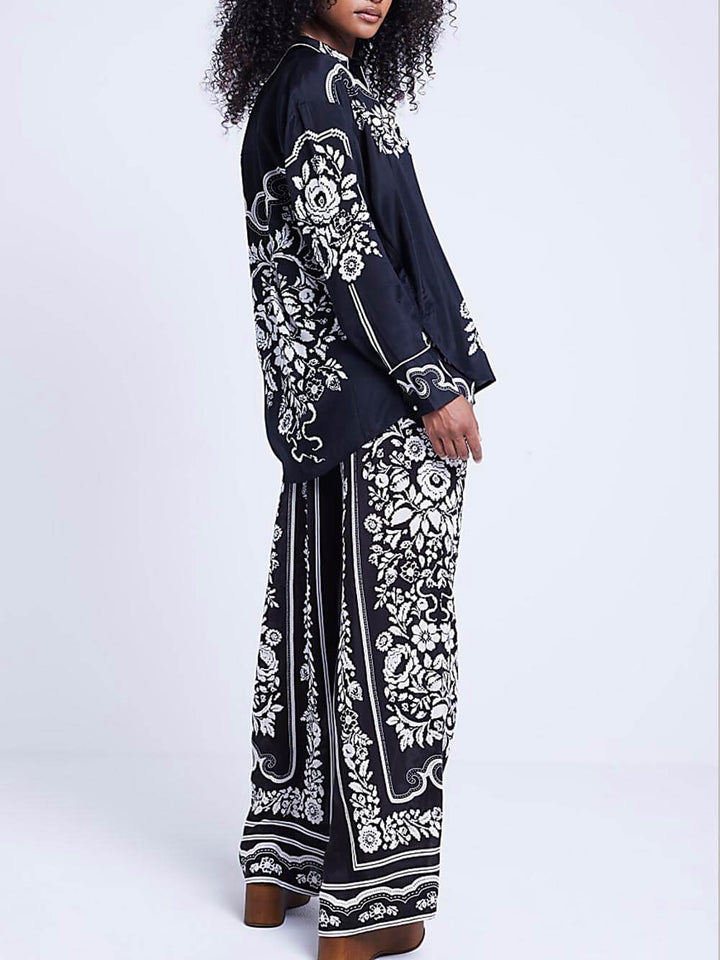 Unique Western Floral Print Elastic Pocket Wide Leg Pants