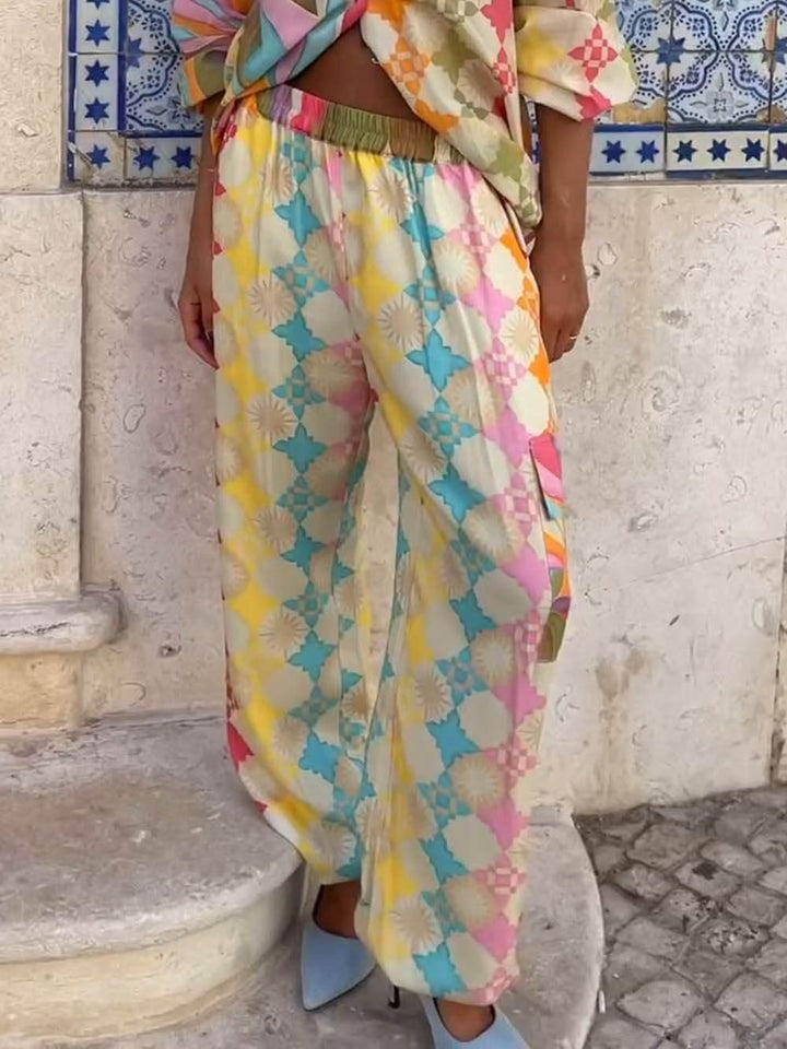 Pantalón de bolsillo elástico con estampado pintado vintage chic