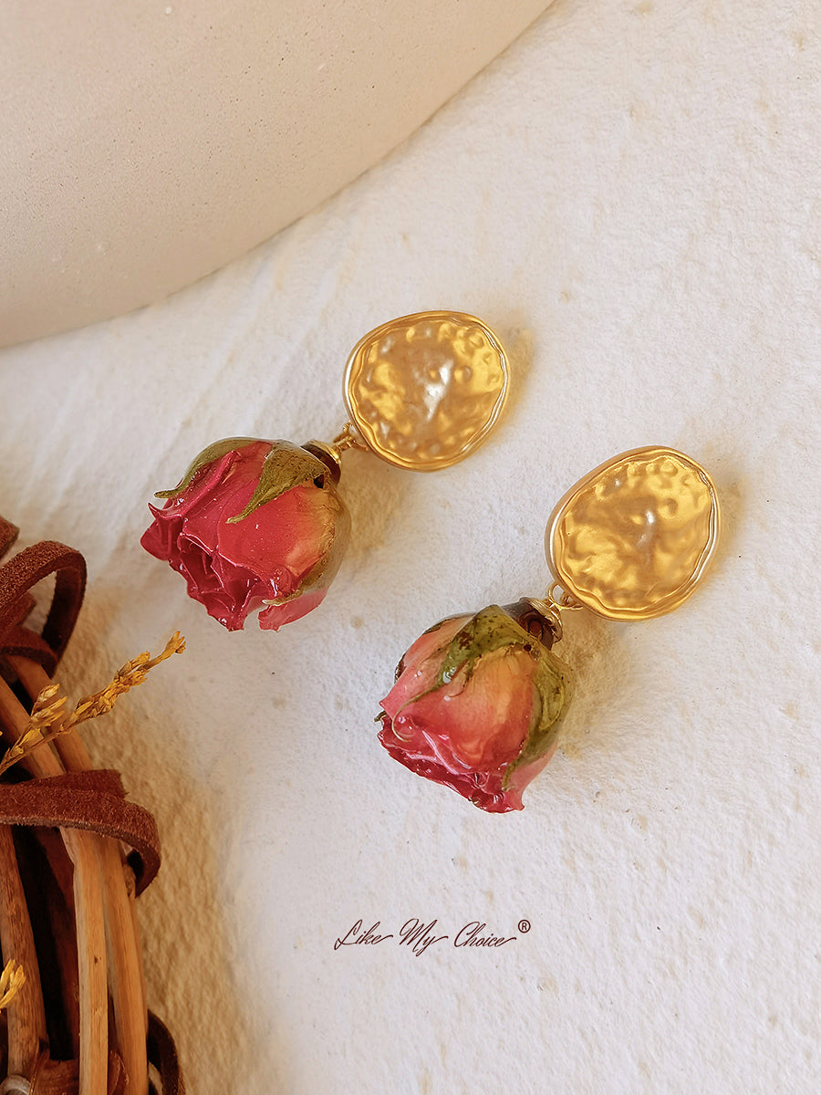 Pressed Flower Earrings - Gold plated Rose