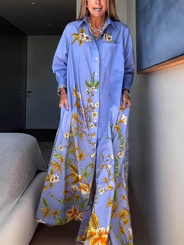 Vestido Maxi com estampado floral único de manga comprida e bolso em linha A