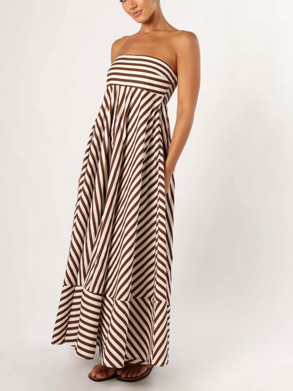 Κομψό Bandeau Stripe Color Blocking Strapless Maxi Dress