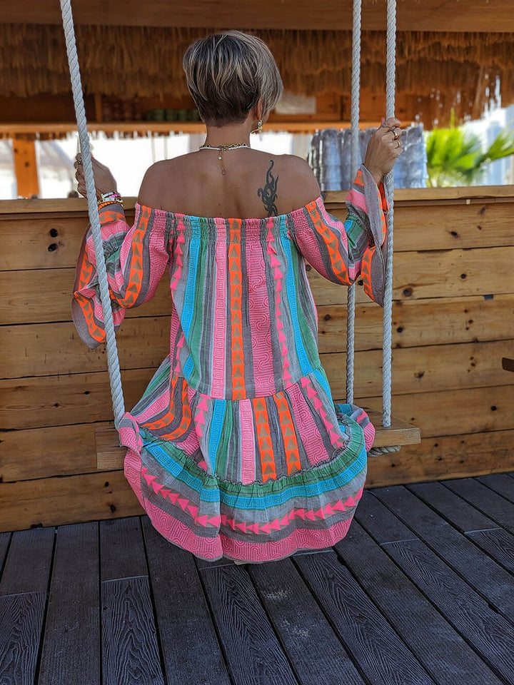 Λινό μείγμα Ethnic Print Off Shoulder χαλαρό μίνι φόρεμα