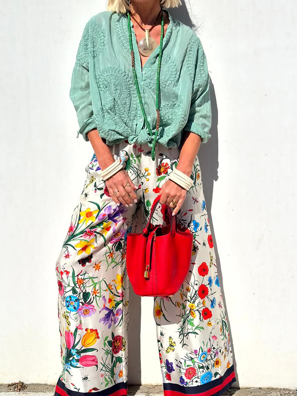 Floral Μοναδική εκτύπωση ελαστική μέση Pocketed Wide Leg παντελόνι