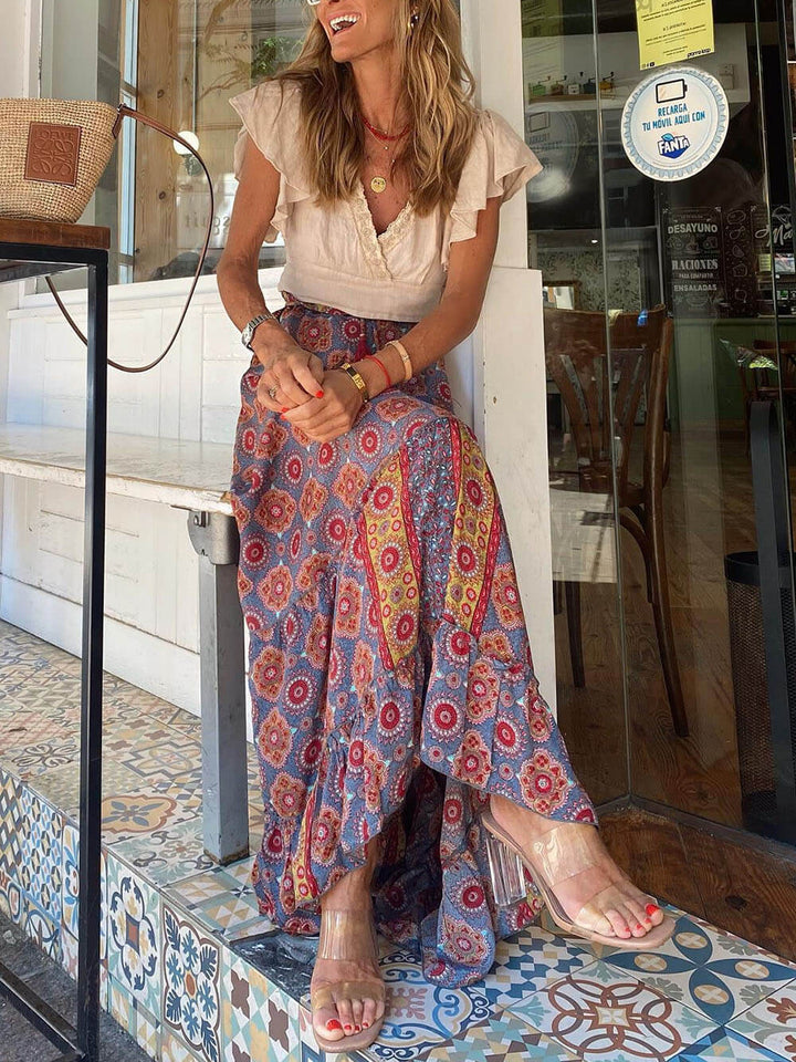 Maxi gonna con stampa bohemien e vita elastica con nappe