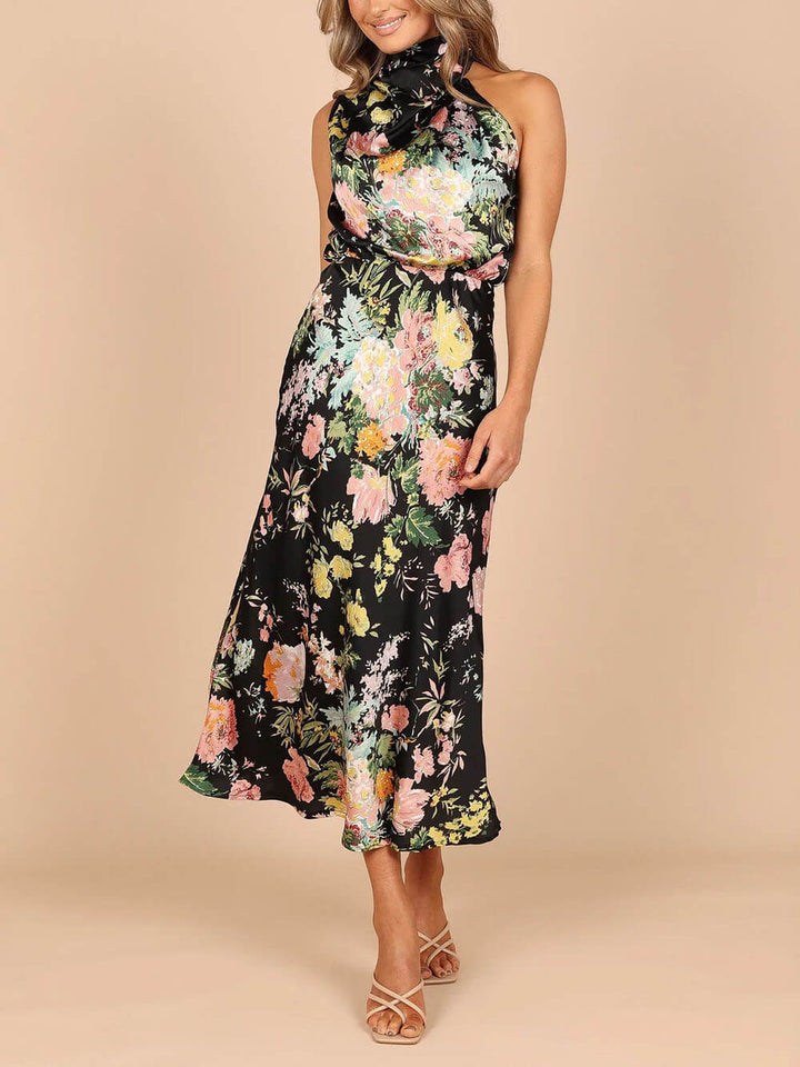 Floral Halter gât talie Elastic Maxi rochie