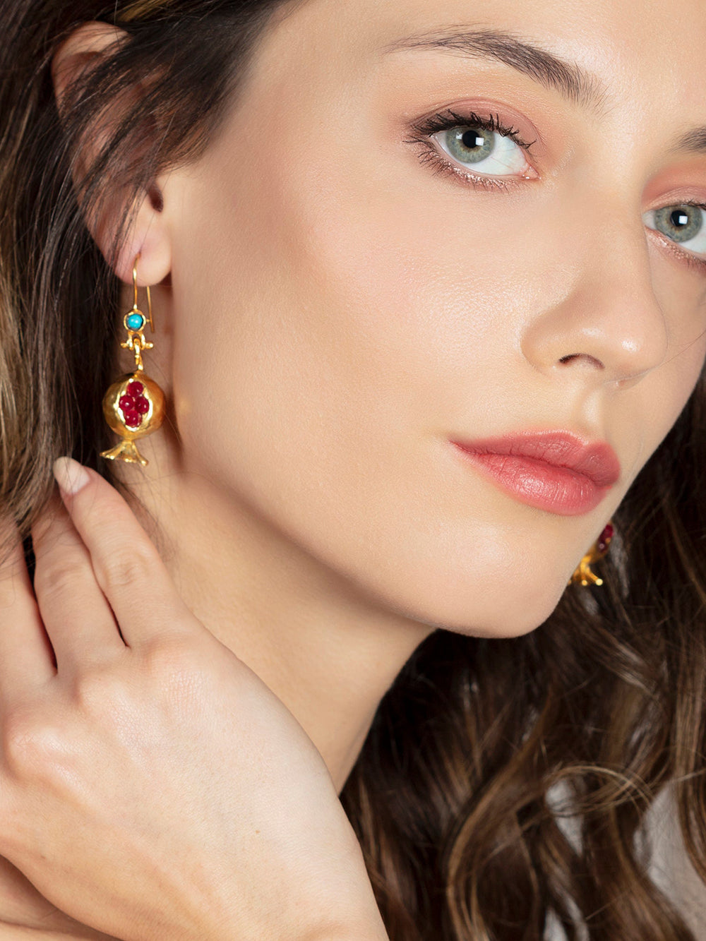 Pomegranate Design Turquoise Turkish Gold Earrings