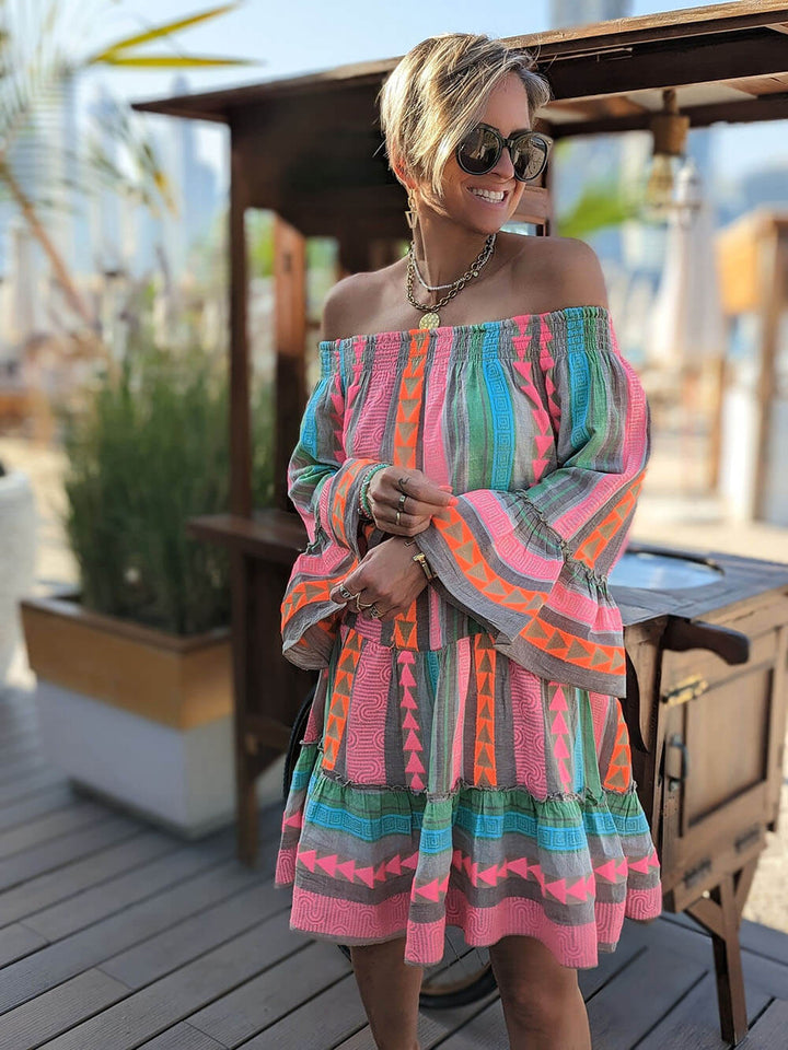 Lin Blend Ethnic Print Off Shoulder Loose Mini Dress