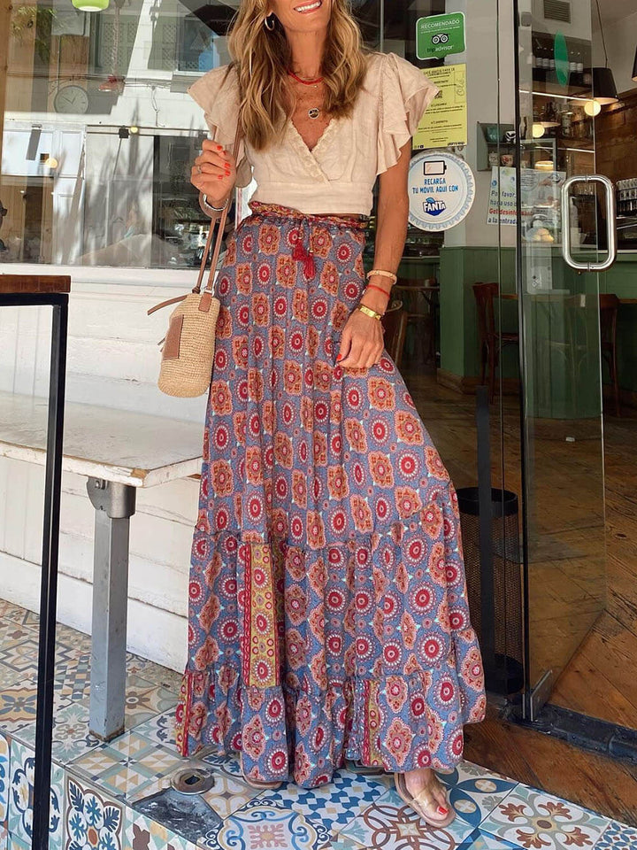 Bohemian Print Elastic Talie Tassel Maxi Fusta