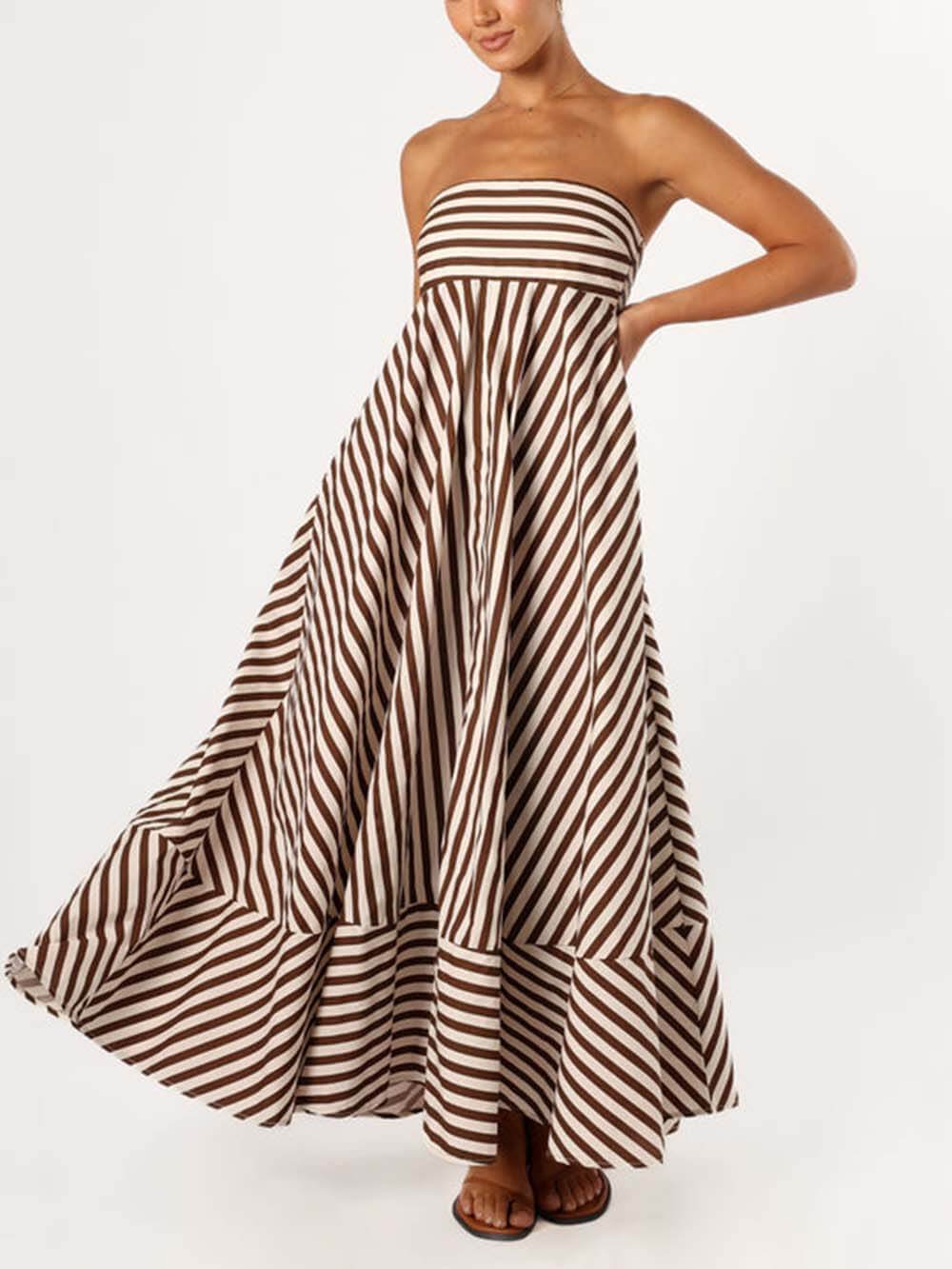 Elegantní Bandeau Stripe Color Blocking bez ramínek Maxi šaty