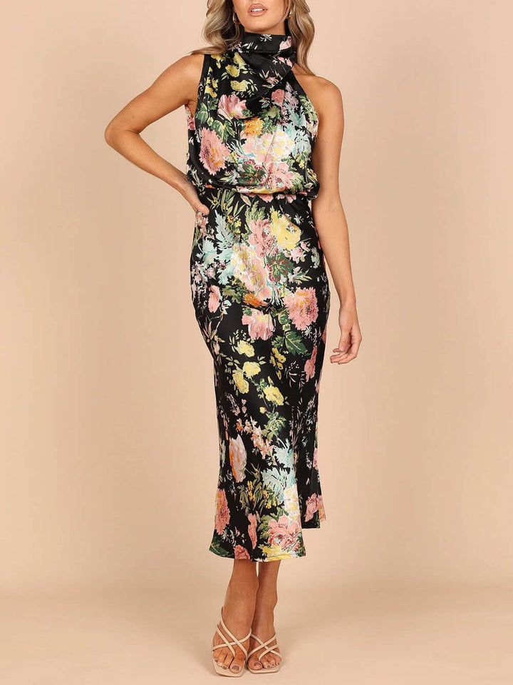 Florales Maxikleid mit elastischer Taille und Neckholder