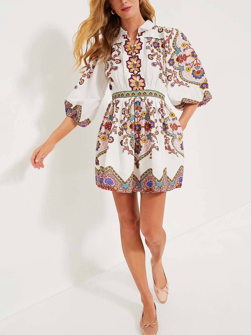 Unique Print Puff Sleeve Pocketed Shirt Mini Dress