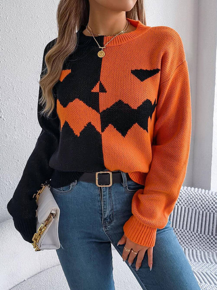 Halloween Ghost Pattern Long Sleeve Round Neck Sweater