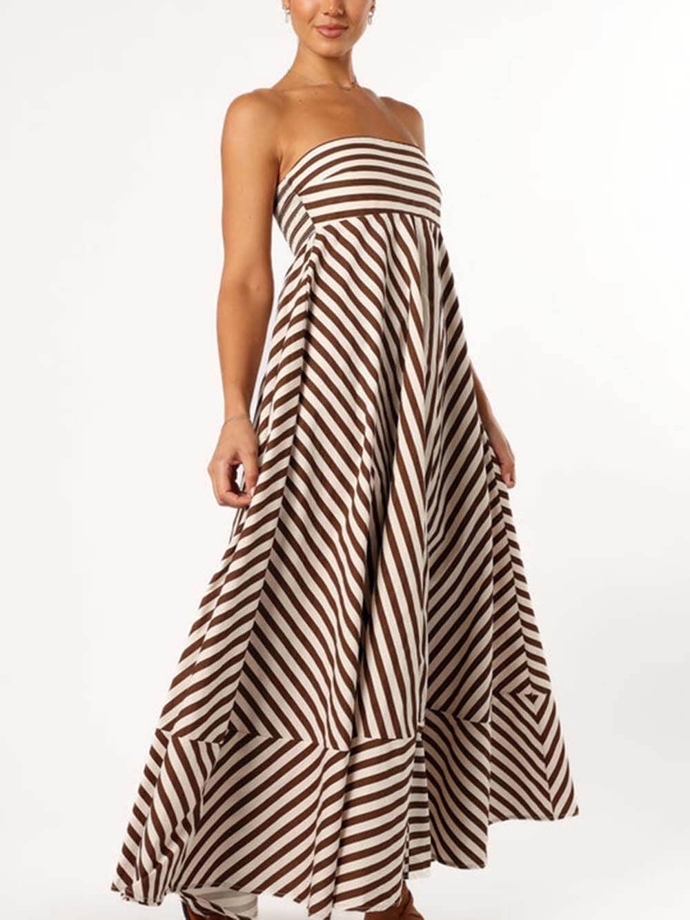 Κομψό Bandeau Stripe Color Blocking Strapless Maxi Dress