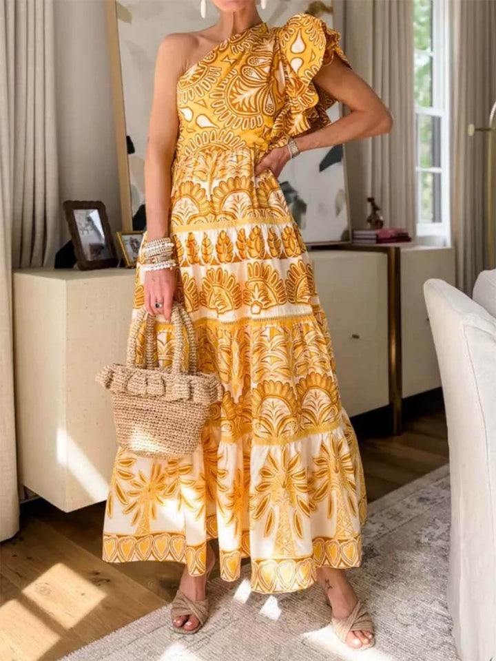 Vestido Maxi com um ombro só, com mangas de folhos e camadas, com estampado único e requintado