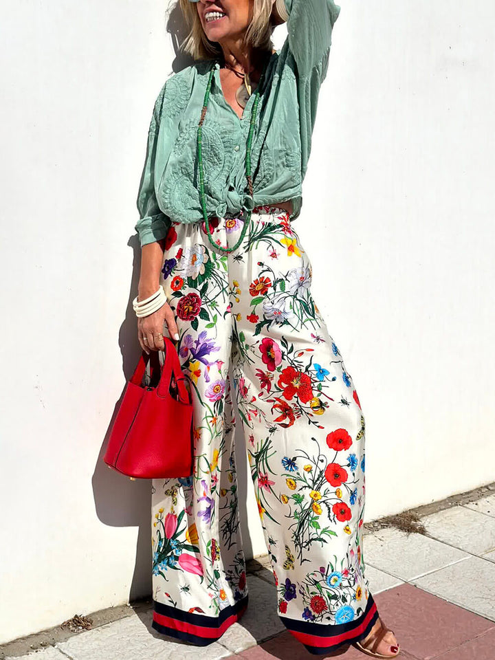 Floral Μοναδική εκτύπωση ελαστική μέση Pocketed Wide Leg παντελόνι