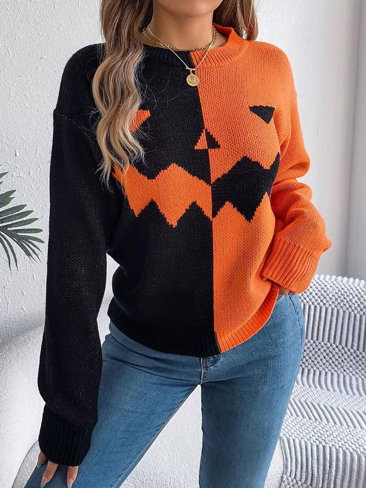 Halloween Ghost Pattern Long Sleeve Round Neck Sweater