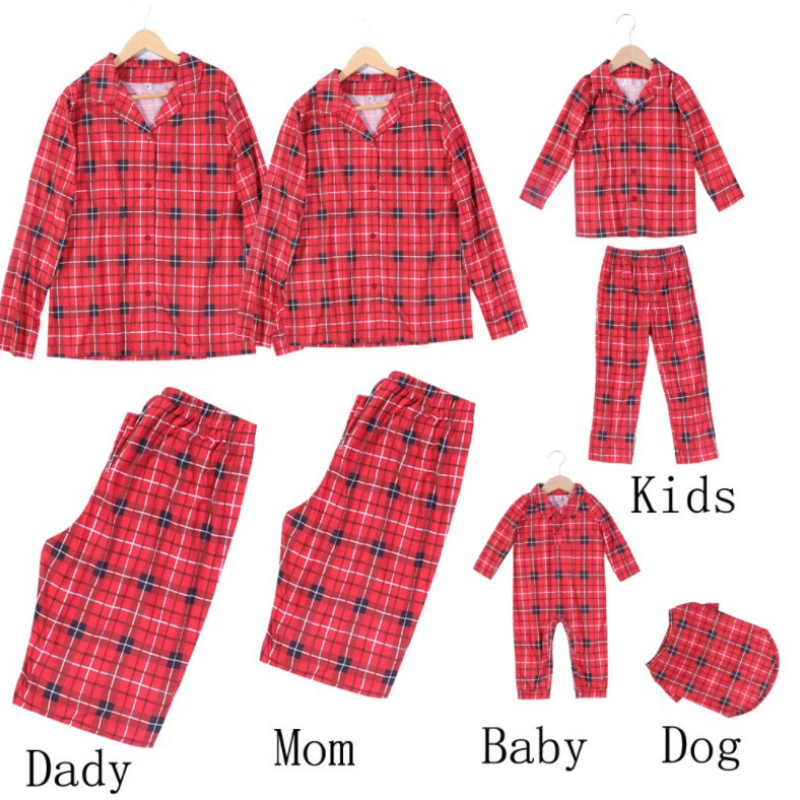 Traje de Navidad con camisa estampada a cuadros rojos para padres e hijos (con ropa para perro mascota)