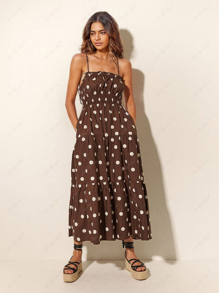 Ciocolată și fildeș Polka Dot Print Pleated Elastic Strap Dress