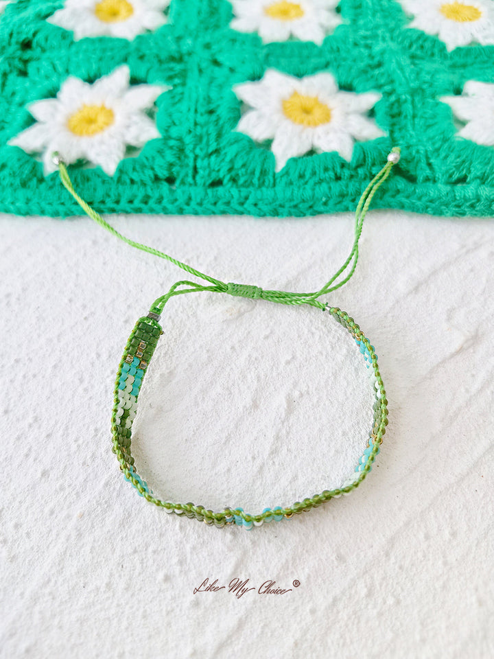 Pulsera ajustable de cordón con cuentas Pompones verdes degradados