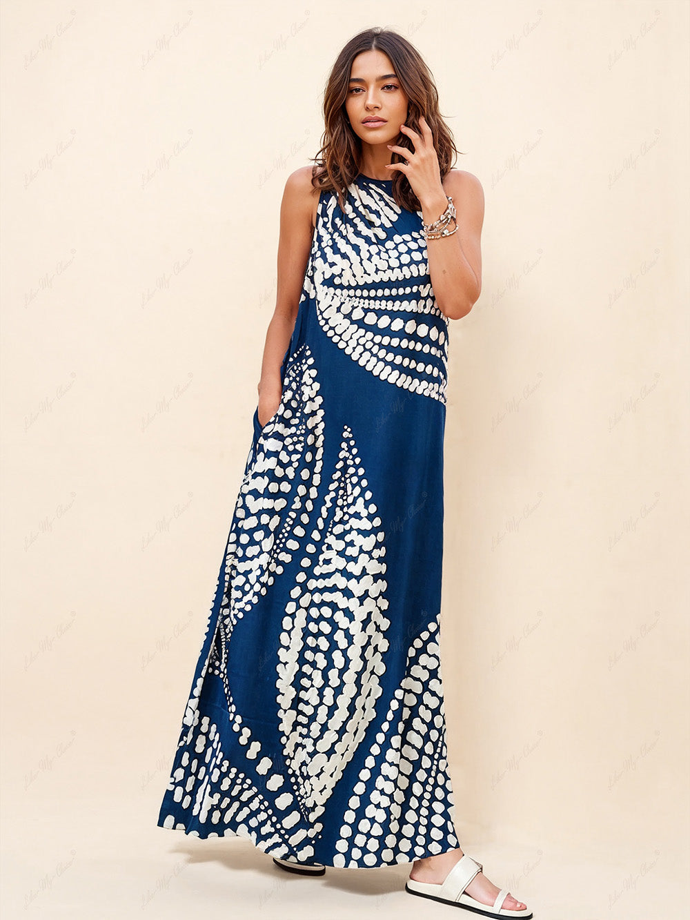 Unique Polka Dot Print One Shoulder Pocketed Maxi Dress