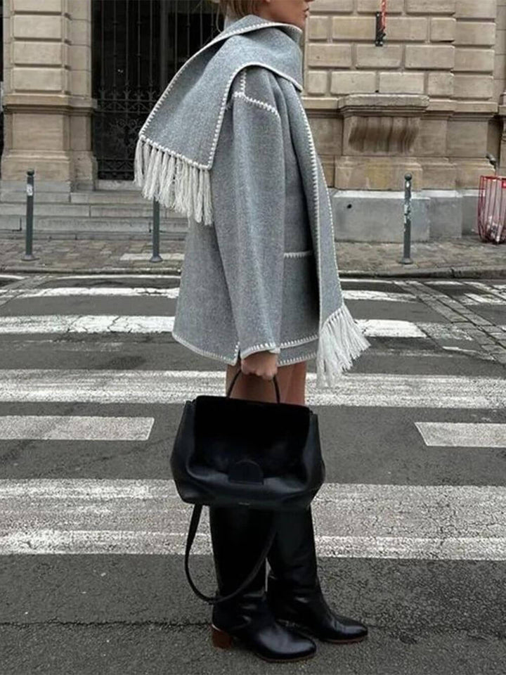 Draped Fringed Blend Jacket With Scarf