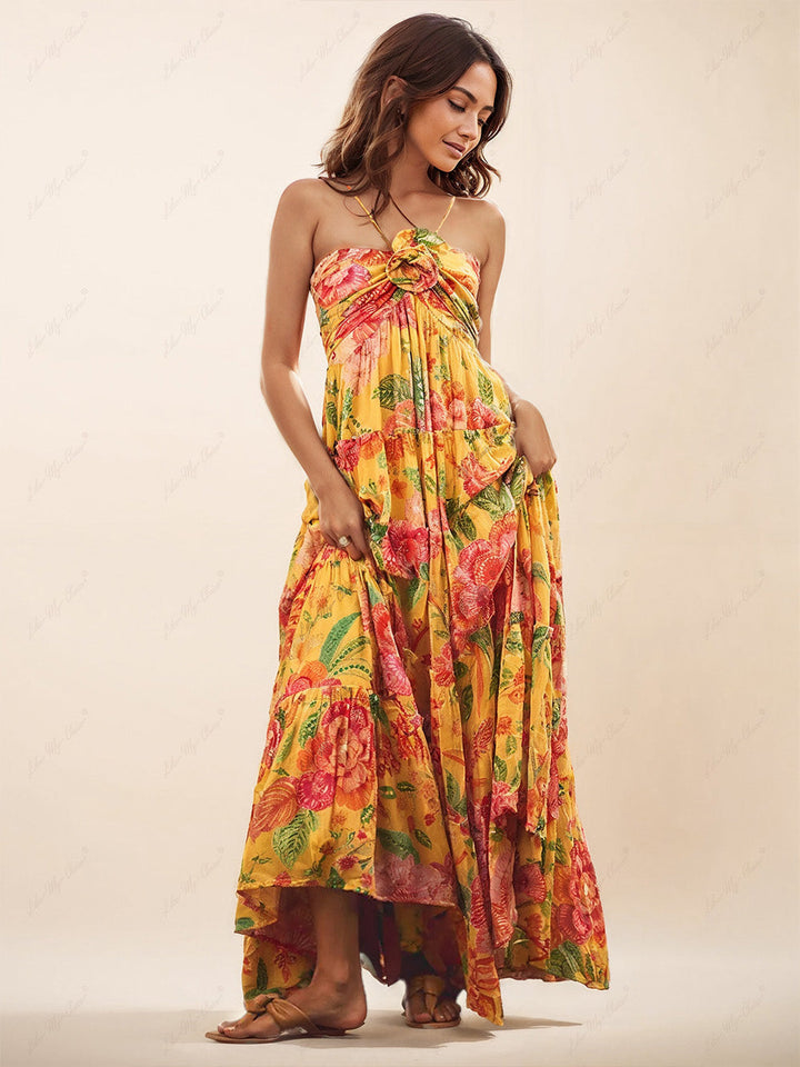 Hanging gât imprimat Floral Design Backless Straight Maxi rochie