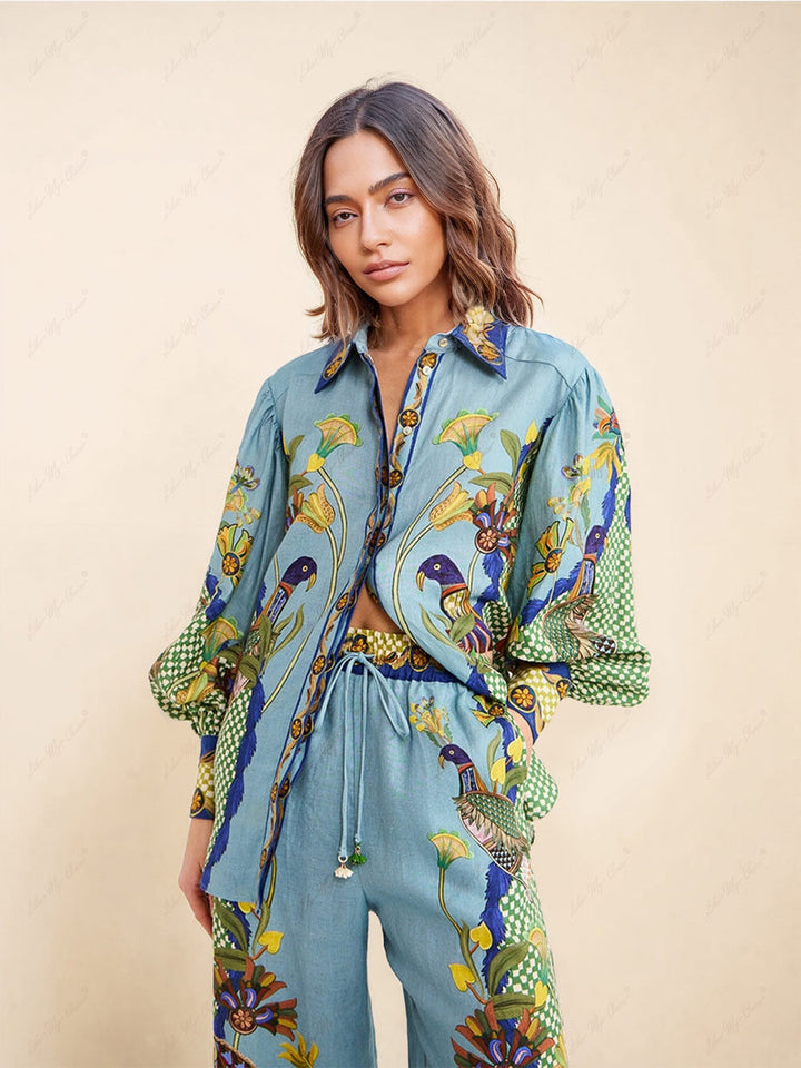 Unique Printed Puff Sleeve Holiday Casual Lanyard Suit (Combinaison décontractée à manches bouffantes)