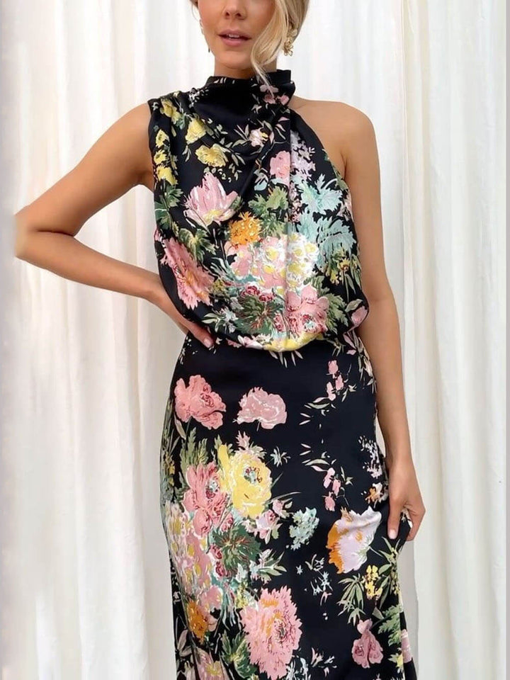 Floral Halter gât talie Elastic Maxi rochie