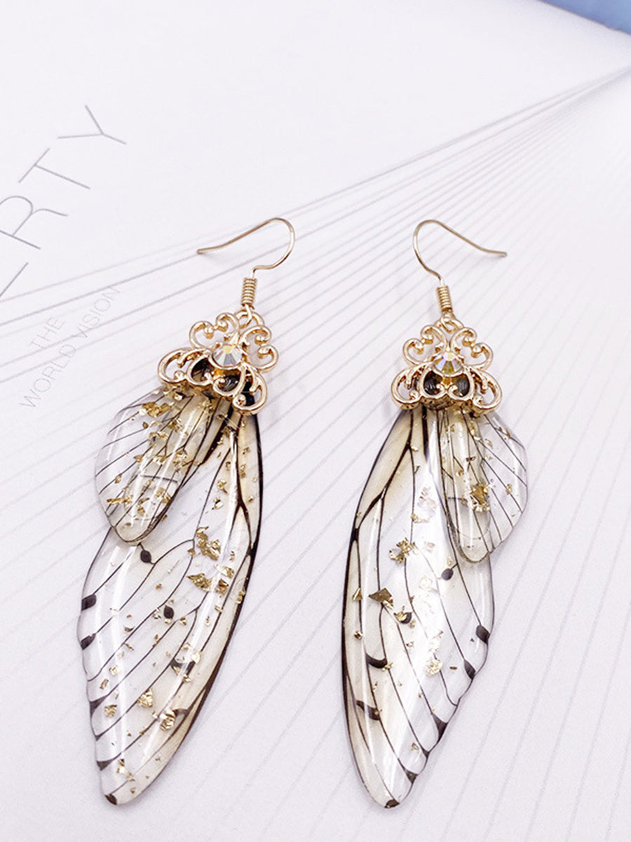 Pendientes de cristal con forma de ala de mariposa gris Rhinestone Cicada Wing