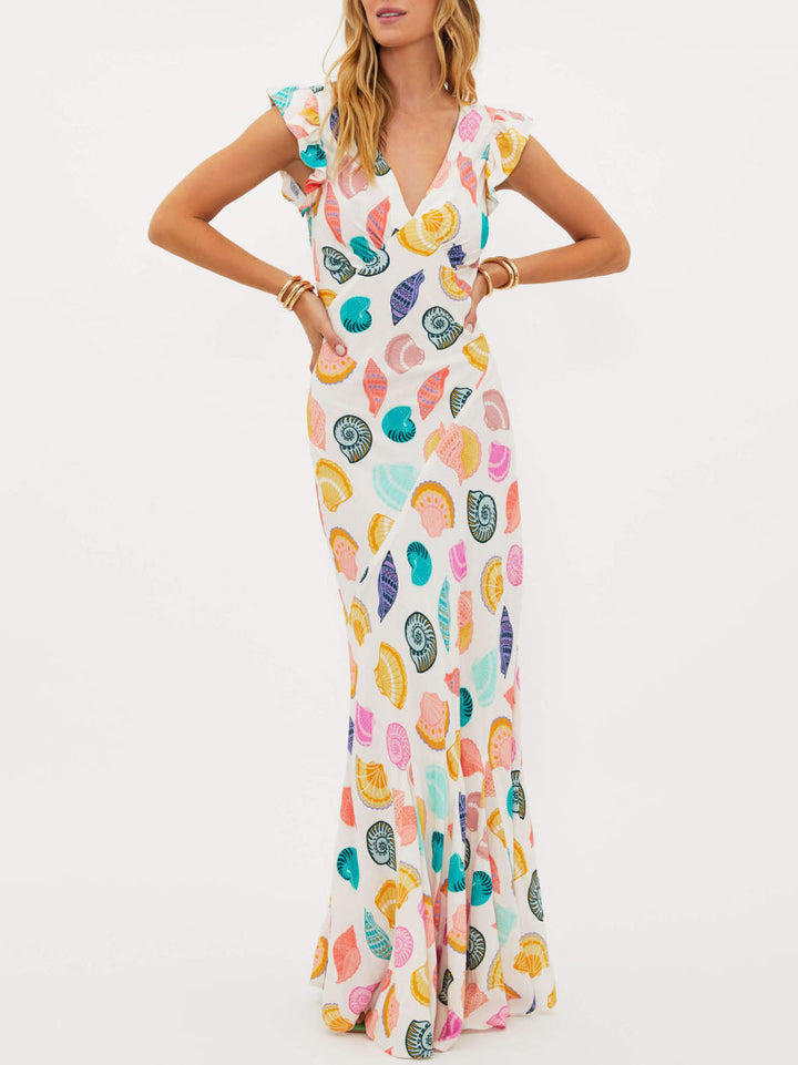 Hieno Ocean Shell tulostaa V-kaula Maxi mekko