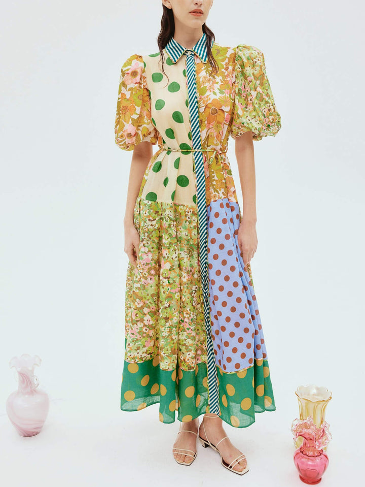 Prachtige Retro Bloemenprint Pofmouw Midi Dress