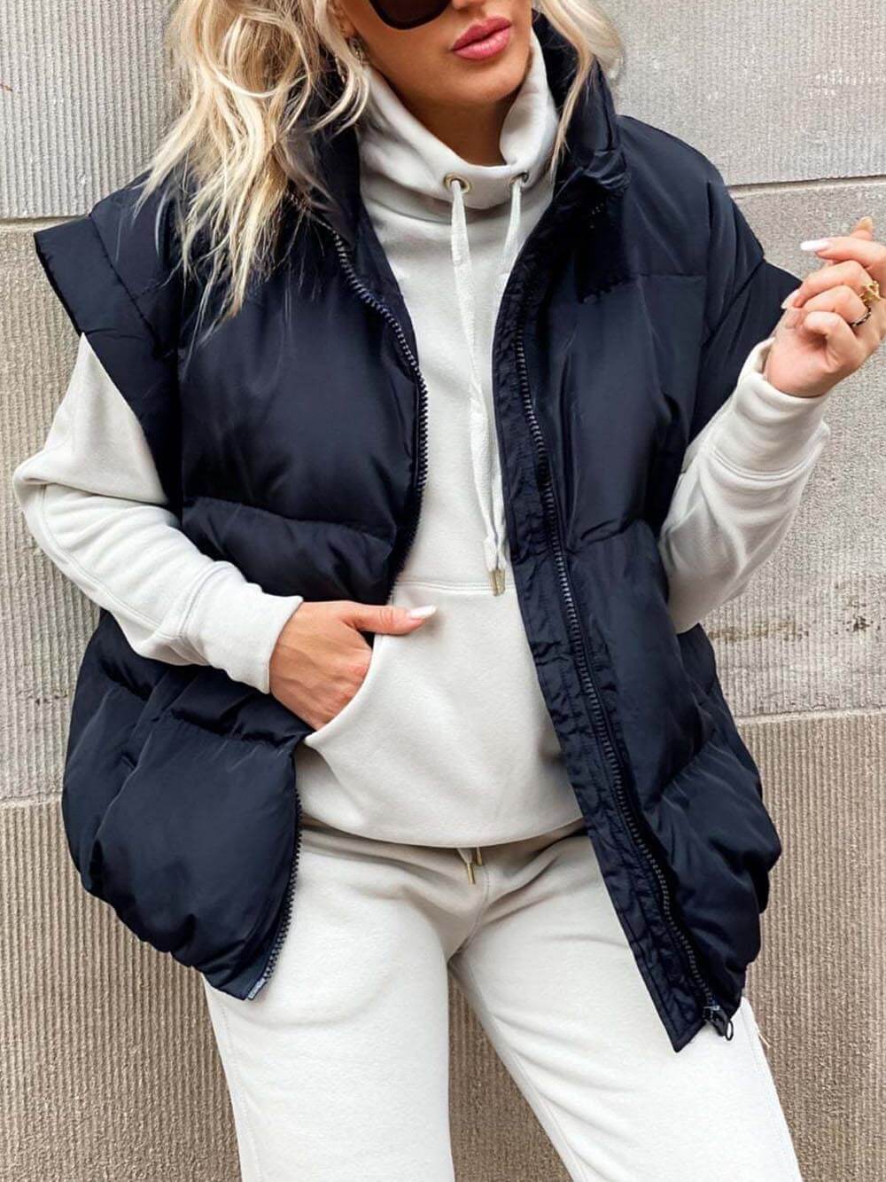 Giacca gilet in cotone con tasca a zip per pendolari, con colletto in piedi alla moda