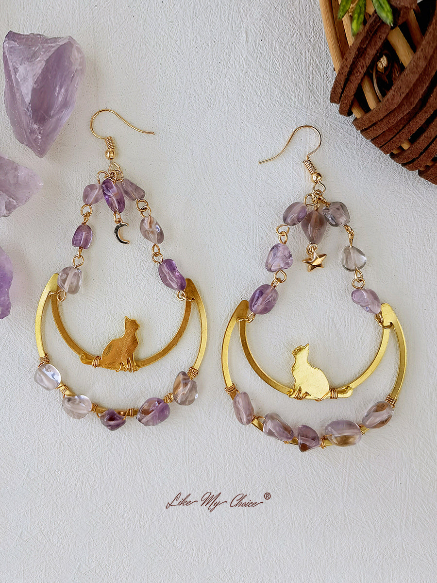 Moon & Cat Amethyst Dangle Boho Earrings