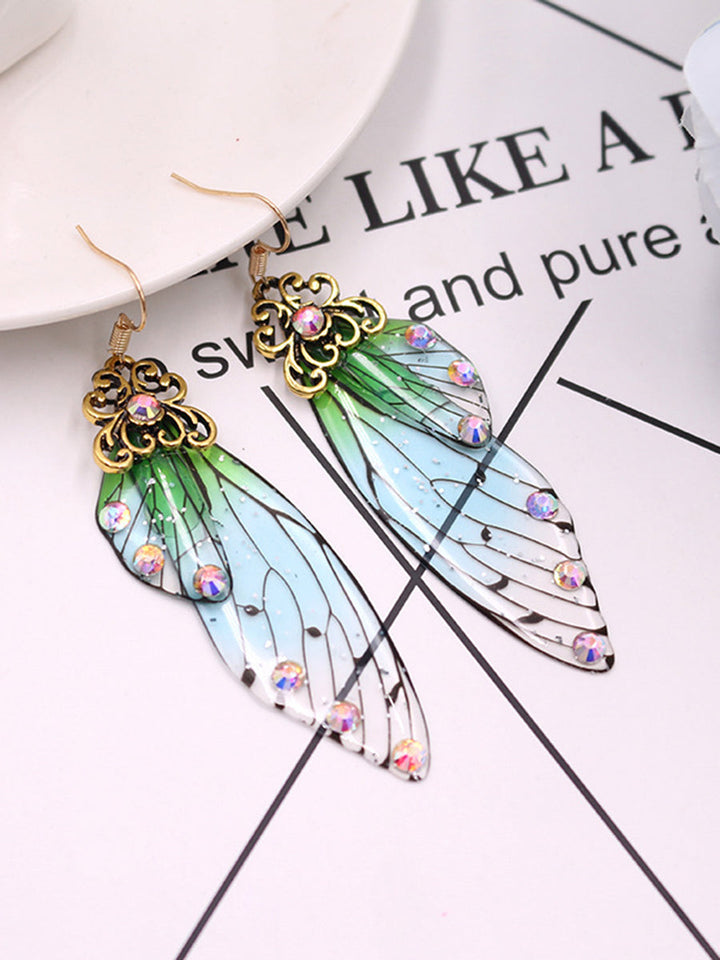 Boucles d'oreilles en cristal de strass vert aile de papillon aile de cigale