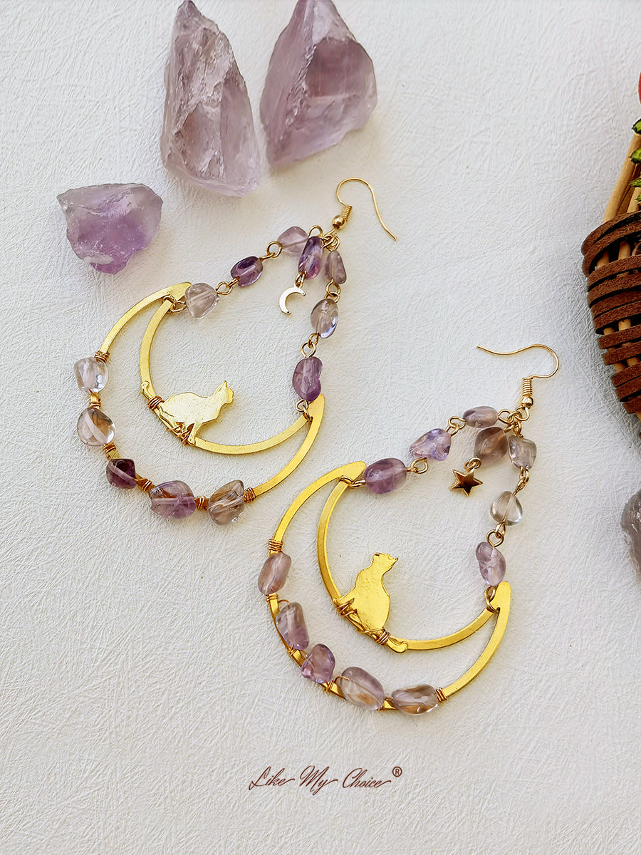 Boucles d'oreilles boho pendantes Moon & Cat en améthyste