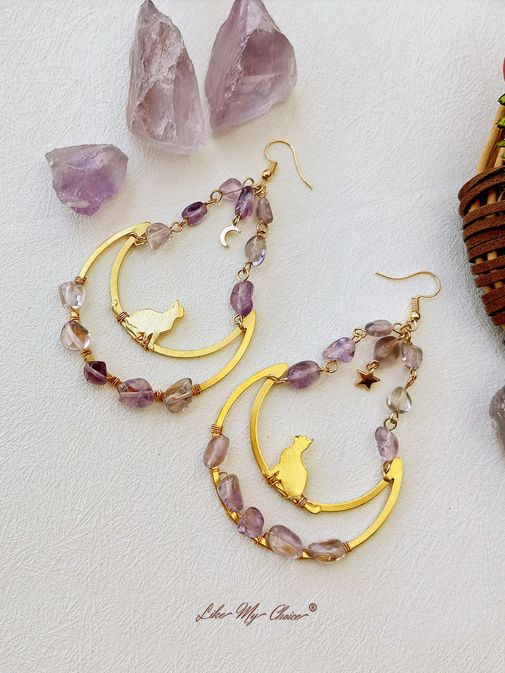 Boucles d'oreilles boho pendantes Moon & Cat en améthyste