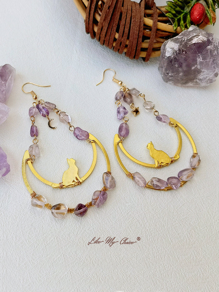 Boucles d'oreilles boho pendantes Moon & Cat en améthyste