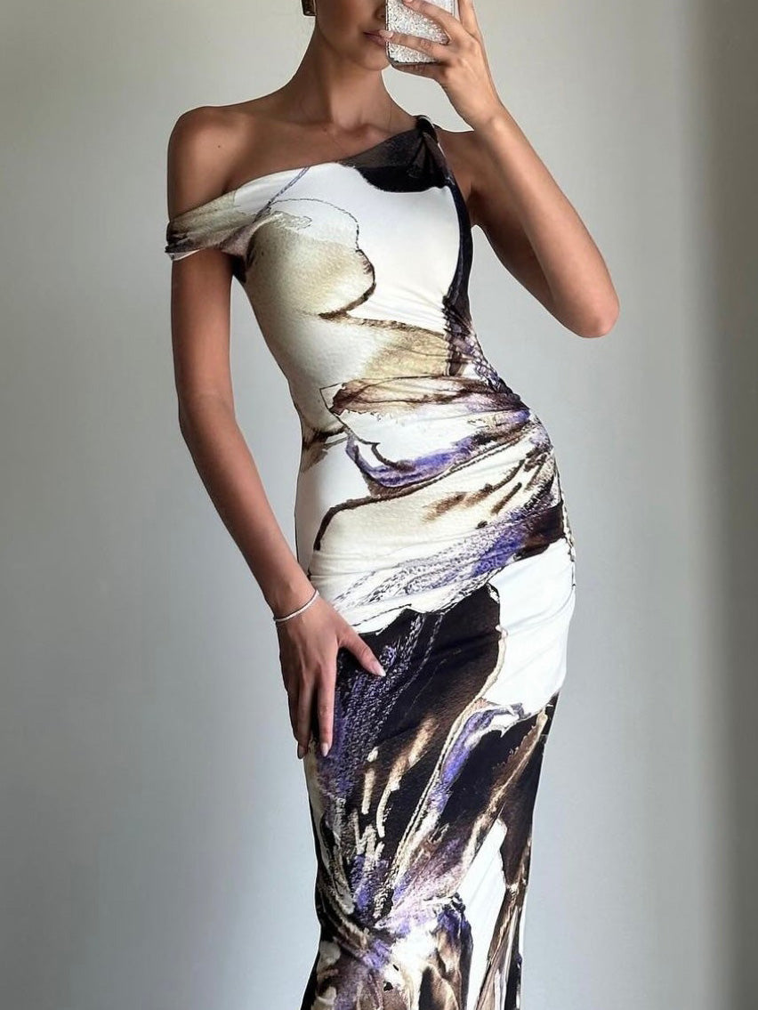 Abstracte Inkt Bloemenprint Hip-Wrapped Maxi Dress