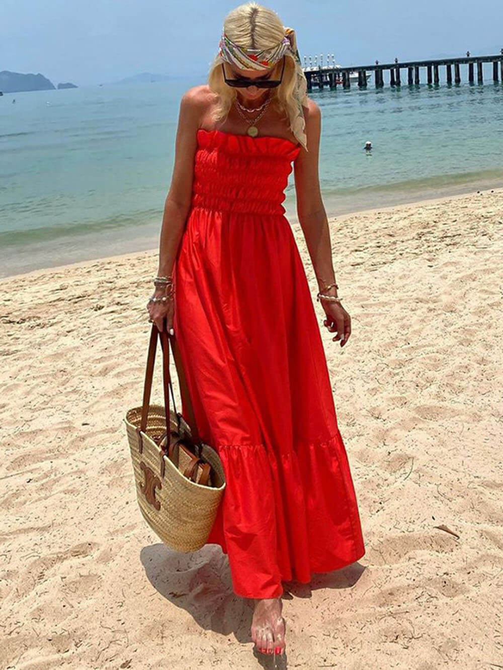 Gesmokte buste Off Shoulder Vakantie Maxi Dress