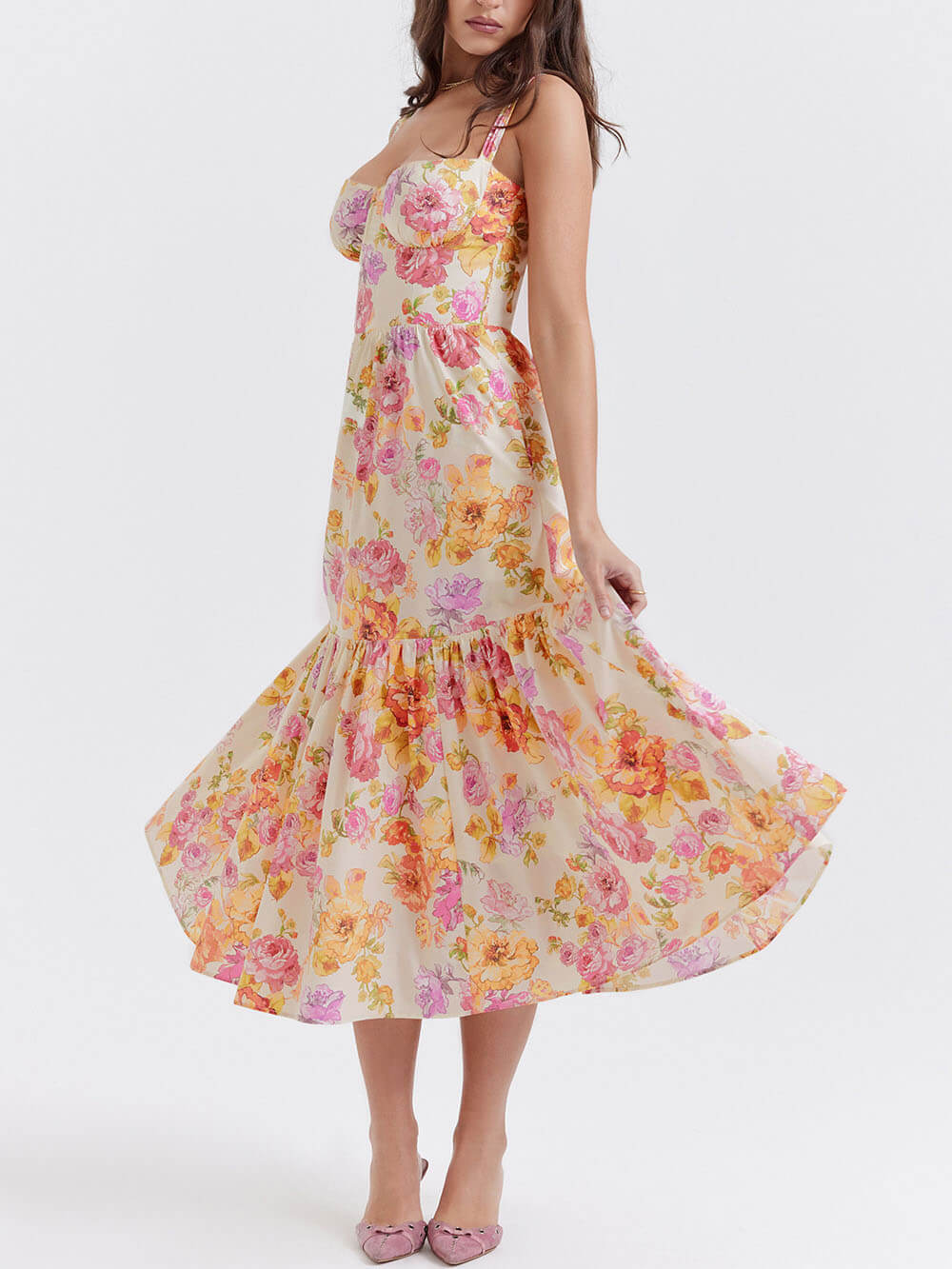 Strap A-Hem Floral Midi Dress