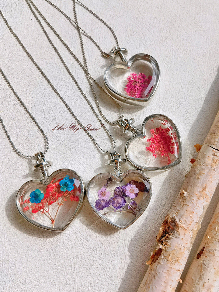 Flat Purple Red Flower Forget-Me-Not Crystal Glass Heart Necklace