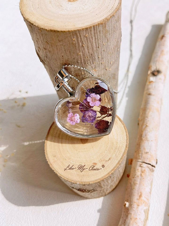 Flat Purple Red Flower Forget-Me-Not Crystal Glass Heart Necklace