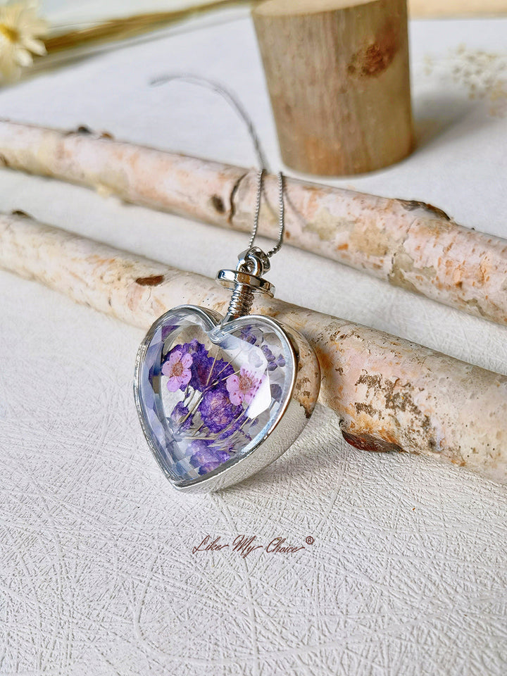 Flat Purple Red Flower Forget-Me-Not Crystal Glass Heart Necklace