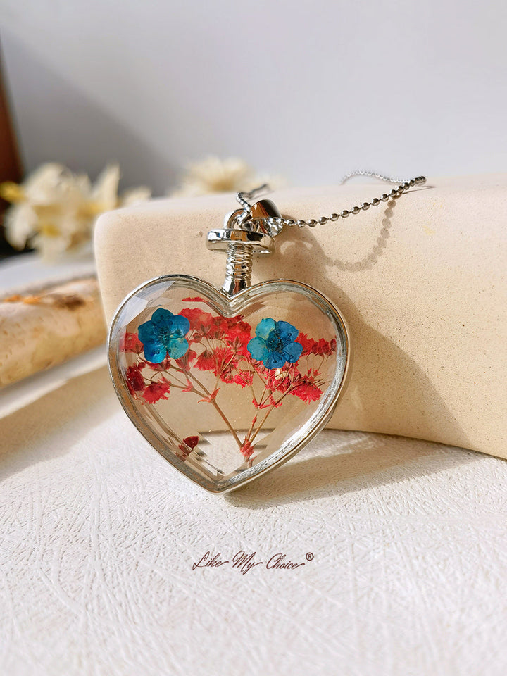 Collar corazón de cristal flor plana púrpura roja Forget-Me-Not