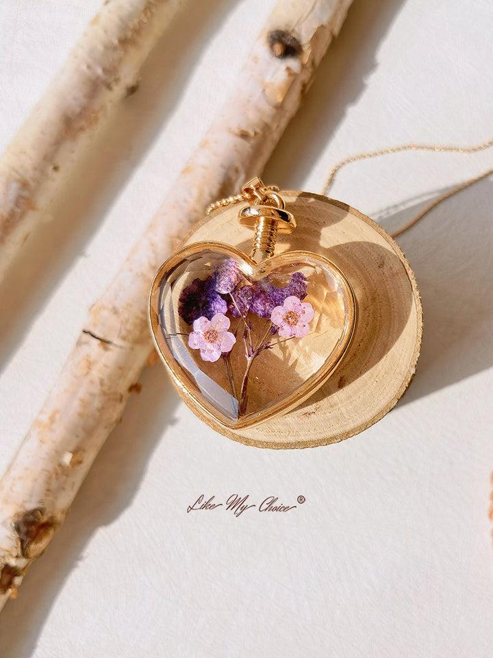 Levandulový náhrdelník Forget-Me-Not Dried Flowers Crystal Glass Heart Necklace